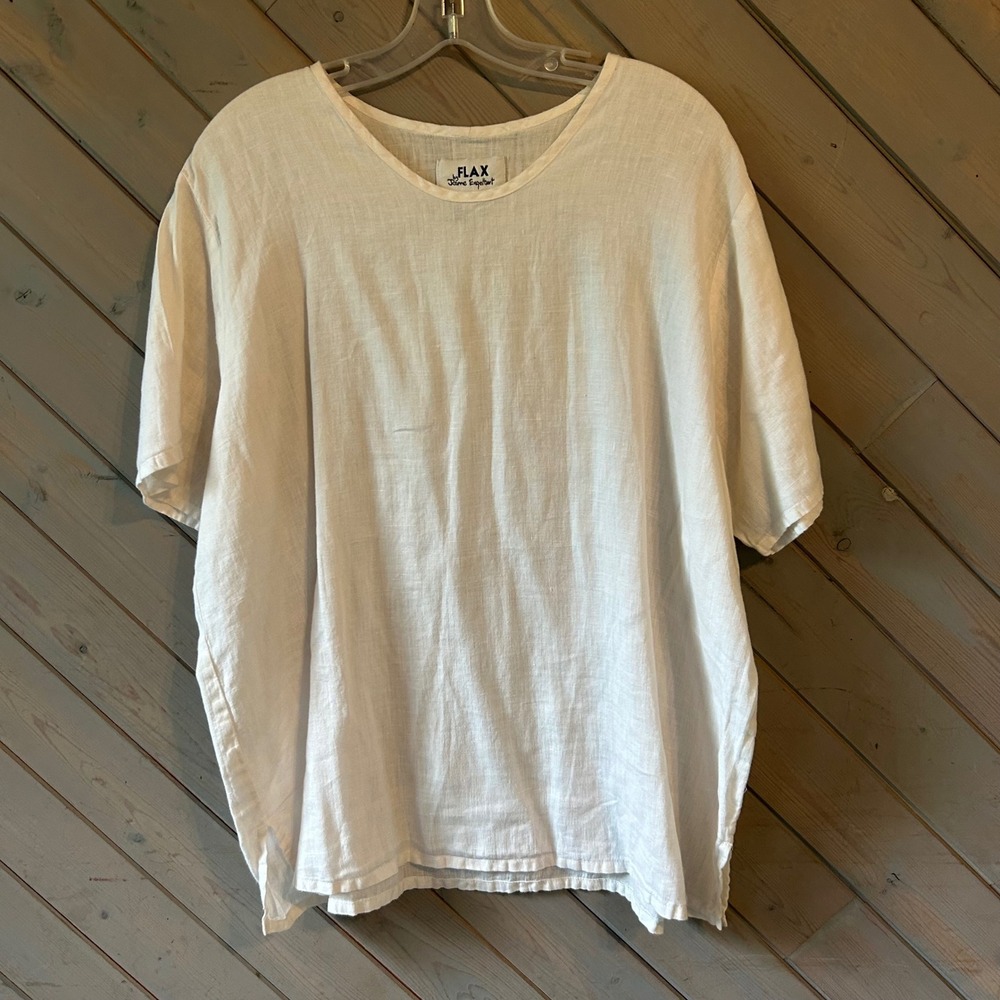 FLAX by Jeanne Engelhart White 100% Linen Short Sleeve Blouse Large Lagenlook